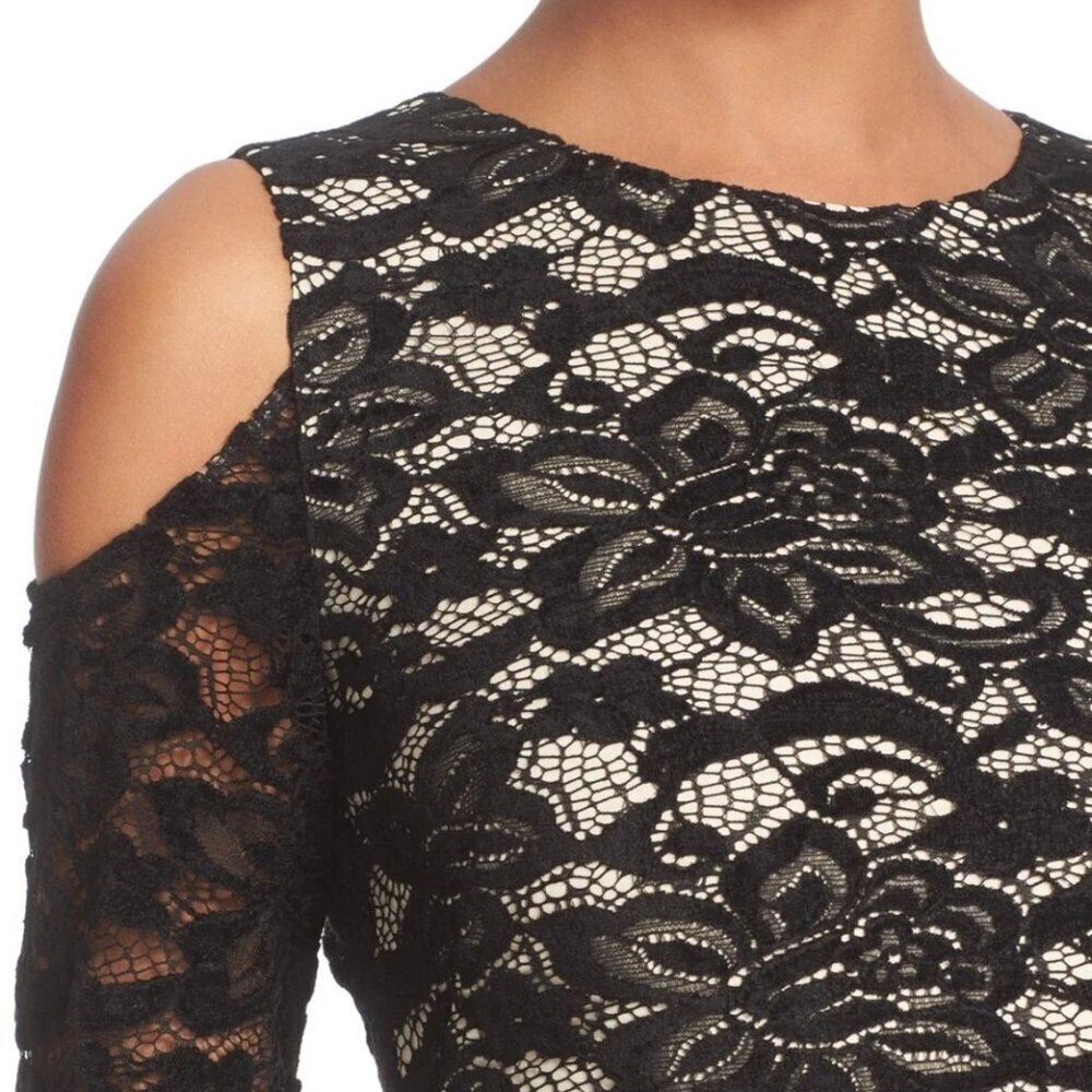 Alice and Olivia Lace Midi Dress Size 4 Laila Cold Shoulder Straight Long Sleeve - Picture 3 of 10